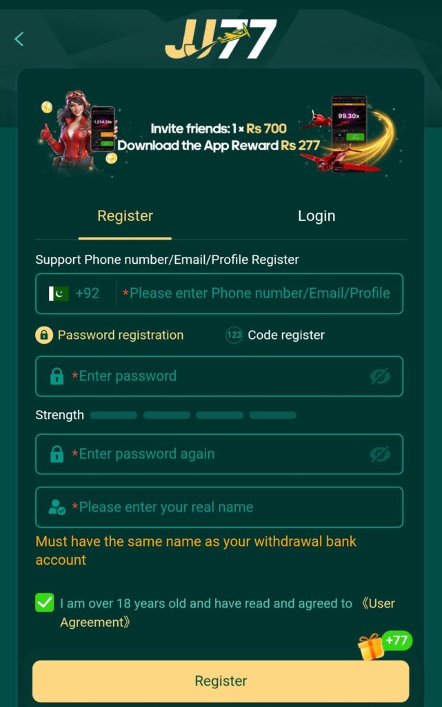JJ77 Game registration and login 